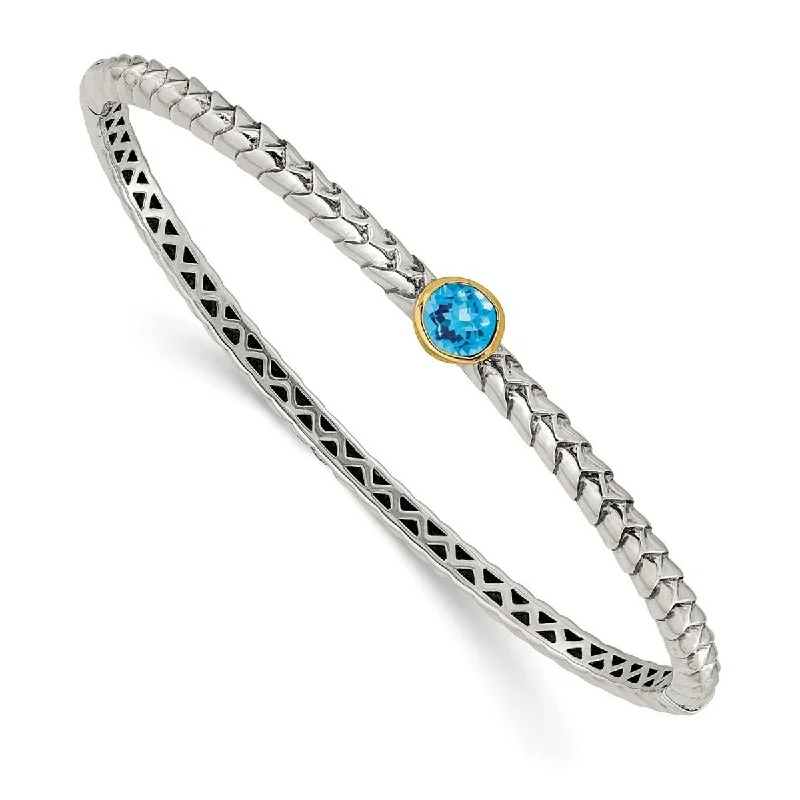 Ladies heart-shaped bracelet-Curata 925 Sterling Silver Hinged With 14k 6mm Blue Topaz Cuff Stackable Bangle Bracelet