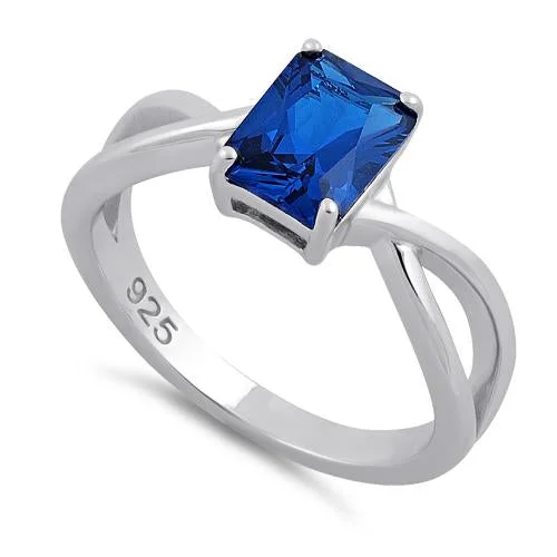 Ladies vintage-inspired ring-Sterling Silver Twist Emerald Cut Blue Spinel CZ Ring