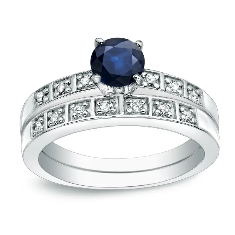 Ladies diamond halo engagement ring-Auriya 14k Gold 4/5ct Blue Sapphire and 1/5ctw Diamond Engagement Ring Set