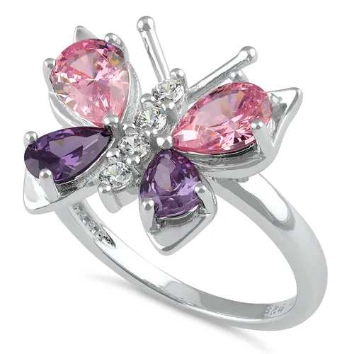 Ladies gemstone ring-Sterling Silver Large Pink and Purple CZ Butterfly Ring