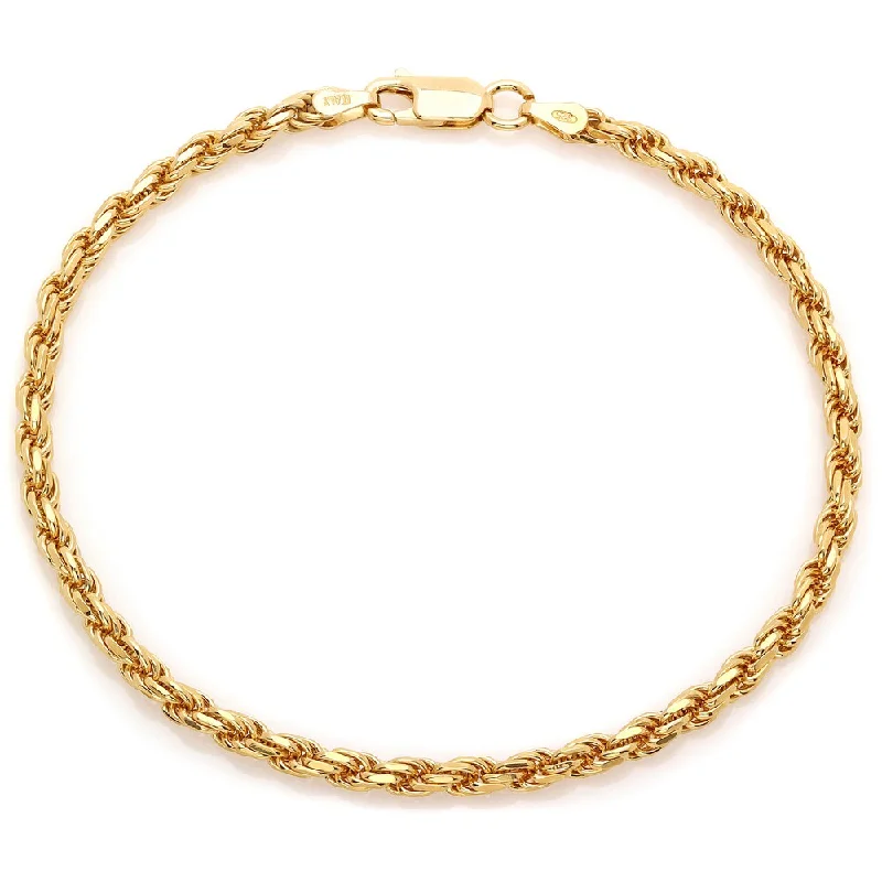 Ladies personalized bangle-Yellow Gold Plated Silver Diamond-Cut Rope Chain Bracelet (7-8 Inch)