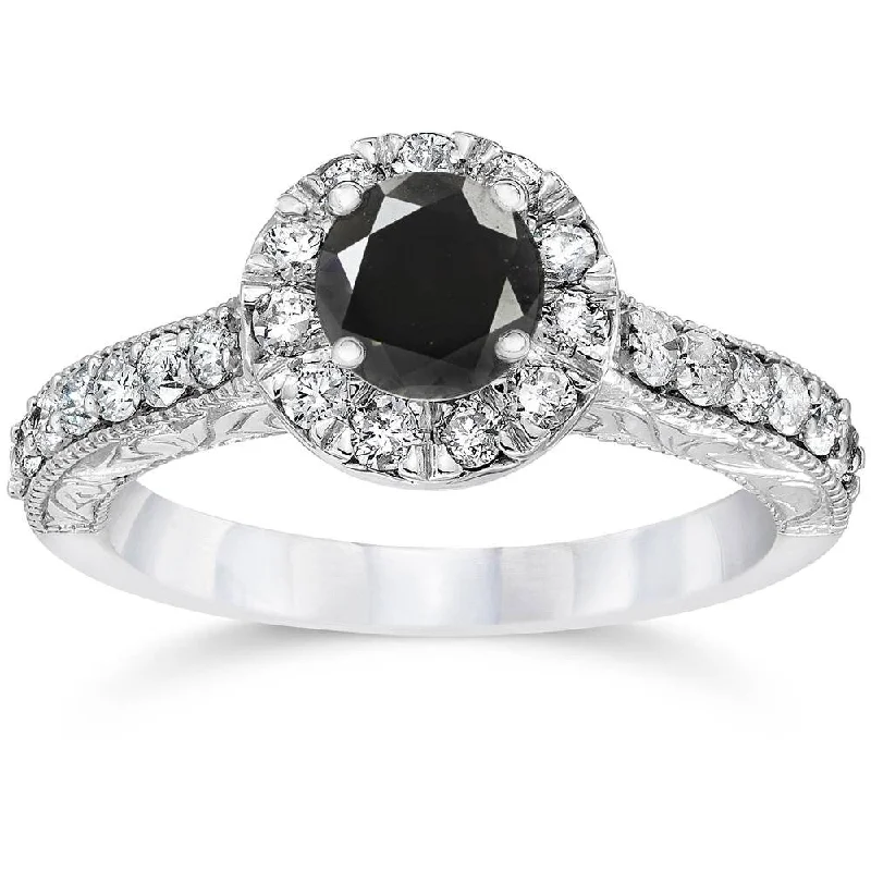 Ladies engagement ring with matching wedding set-1 3/4ct Vintage Treated Black Diamond Engagement Ring White Gold