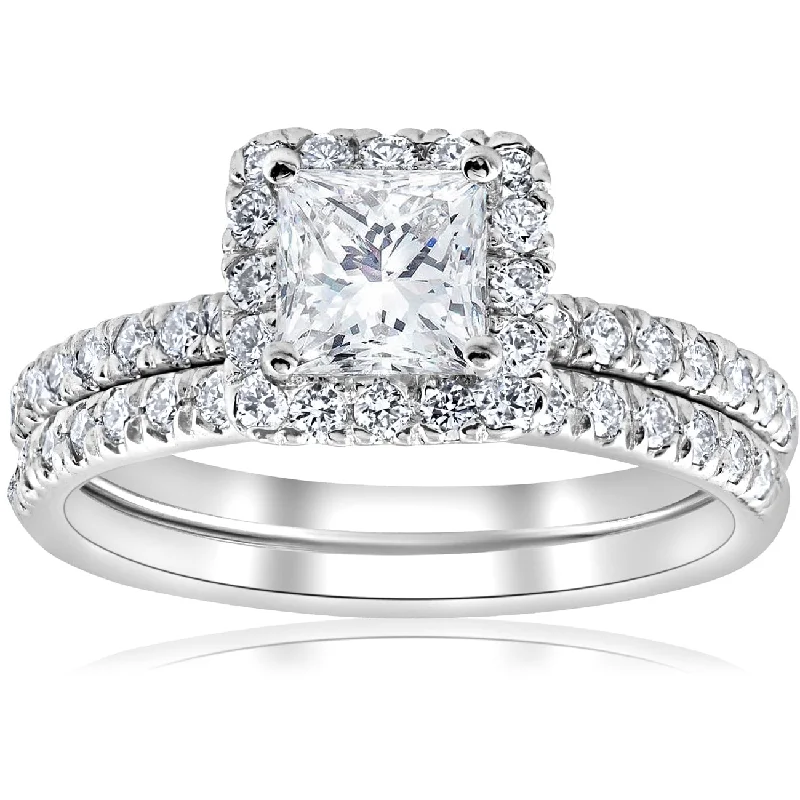 Ladies engagement ring with big diamond-2 5/8ct Princess Cut Halo Diamond Engagement Wedding Ring Set Lab Grown 14k Gold