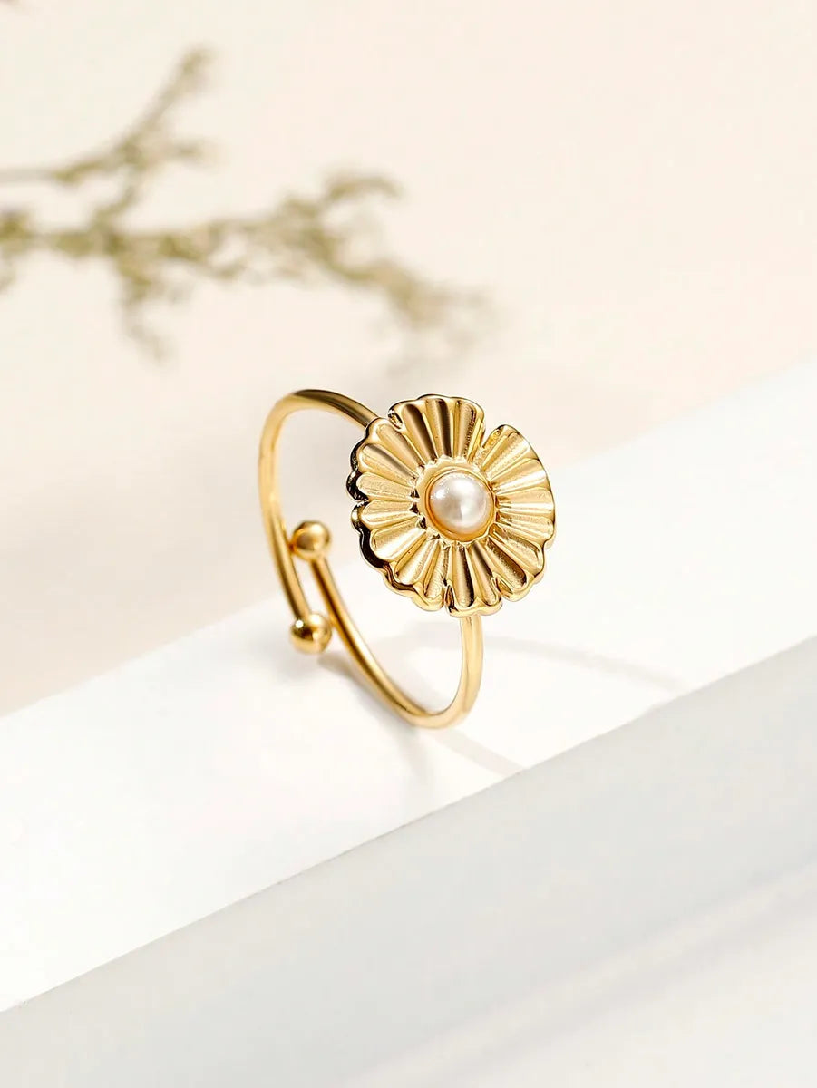 Ladies vintage ring-Simple Style Commute Solid Color Stainless Steel Plating Inlay Pearl 18k Gold Plated Open Rings