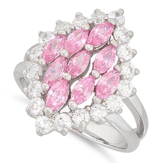 Ladies gold engagement ring-Sterling Silver Elegant Pink Marquise Cut CZ Ring