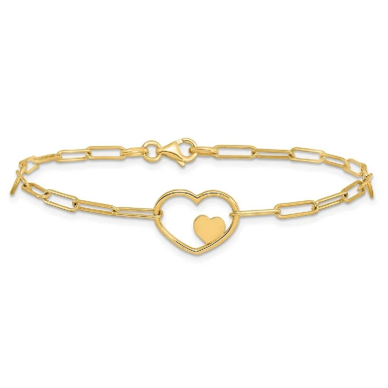 Ladies luxury silver bracelet-Curata 14k Yellow Gold 7.25" 14.3mm Paperclip Link Double Heart Bracelet