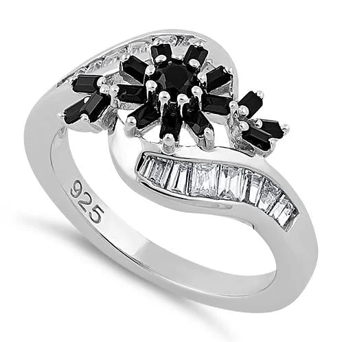 Ladies platinum ring-Sterling Silver Blooming Flower Black CZ Ring