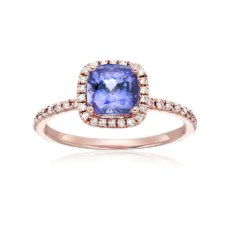 Ladies engagement ring with sapphire stone-10k Rose Gold Tanzanite and Diamond Cushion Halo Engagement Ring, Size 7