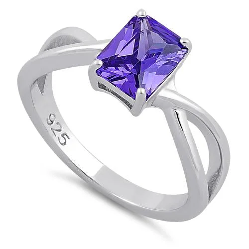 Ladies emerald-cut ring-Sterling Silver Twist Emerald Cut Amethyst CZ Ring