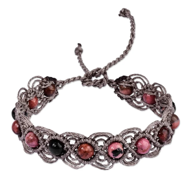 Ladies pearl charm bracelet-Novica Handmade Graceful Orbs Rhodonite Beaded Macrame Bracelet