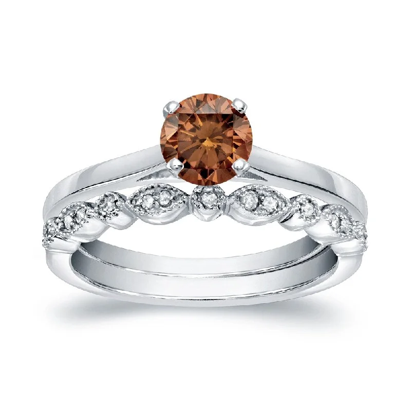 Ladies rose gold solitaire engagement ring-Auriya Vintage Stackable 2/3ctw Solitaire Brown Diamond Engagement Ring Set 14K Gold