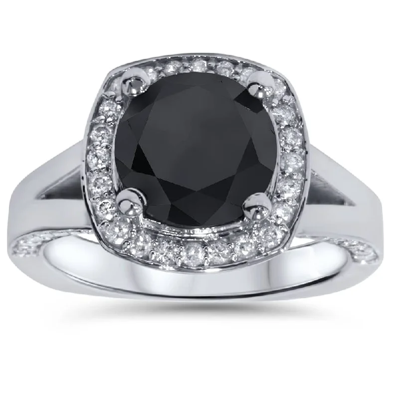 Ladies simple gold engagement ring-3 5/8 Ct Black Diamond Halo Split Shank Engagement Ring White Gold