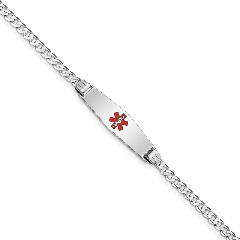 Ladies custom charm bangle-Curata 14k White Gold 8" 7.5mm Engravable Medical Red Enamel Flat Curb Link ID Bracelet