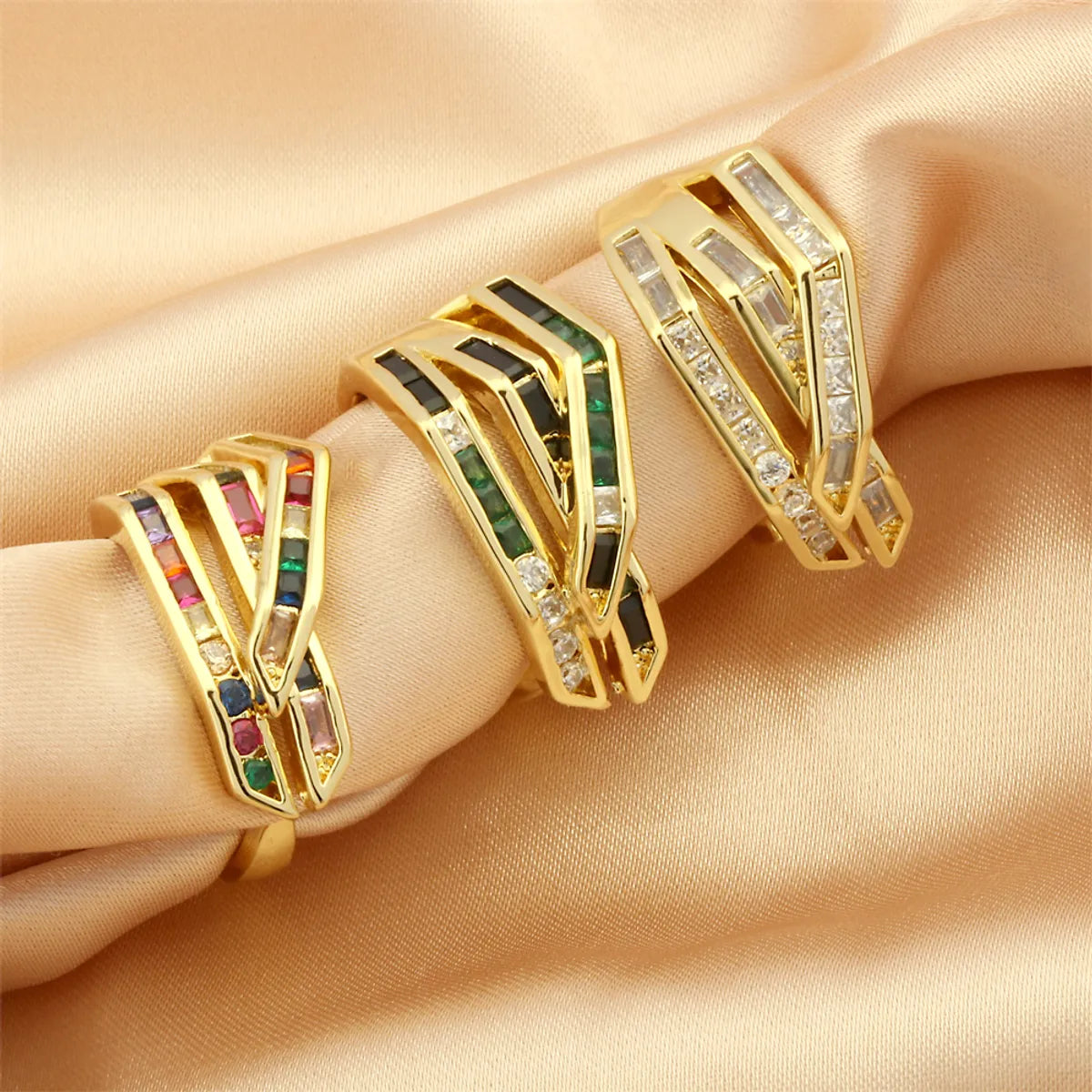 Ladies chunky ring-Hip-hop Simple Style Lines Copper Plating Inlay Zircon 18k Gold Plated Open Rings