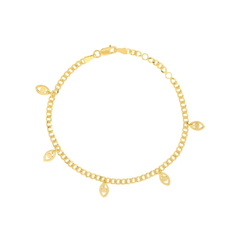 Ladies crystal bracelet-Curata 14k Yellow Gold 7.25" Dangling Evil Eye Curb Chain Bracelet