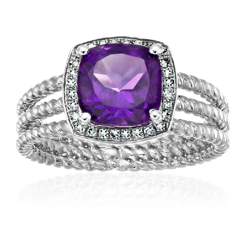 Ladies simple diamond engagement ring-Sterling Silver African Amethyst And Created White Sapphire Cushion Halo Engagement Ring, Size 7