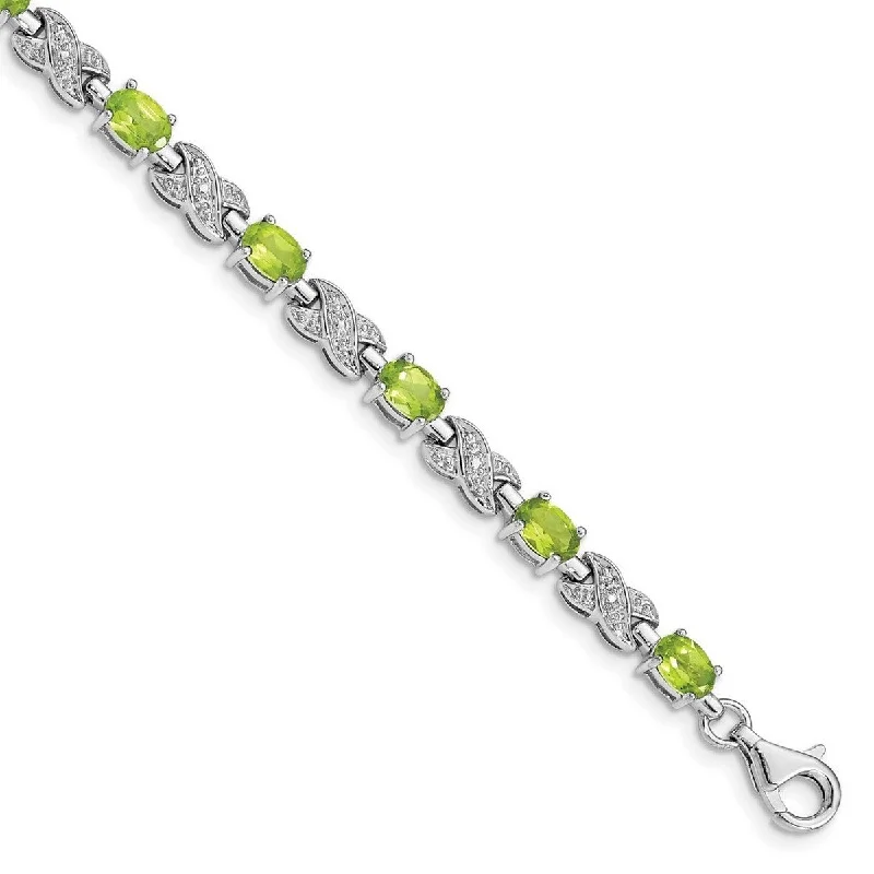 Ladies gold bracelet-Curata 925 Sterling Silver Textured Polished Fancy Lobster Closure Peridot Bracelet