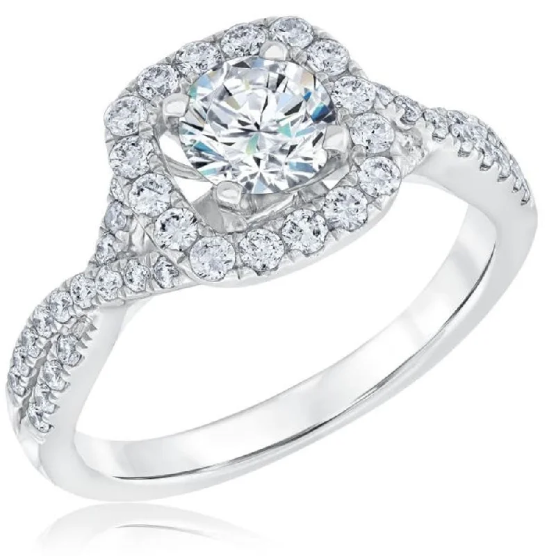 Ladies diamond engagement ring-1 1/4 Ct Diamond Cushion Halo Criss Cross Engagement Ring White Gold