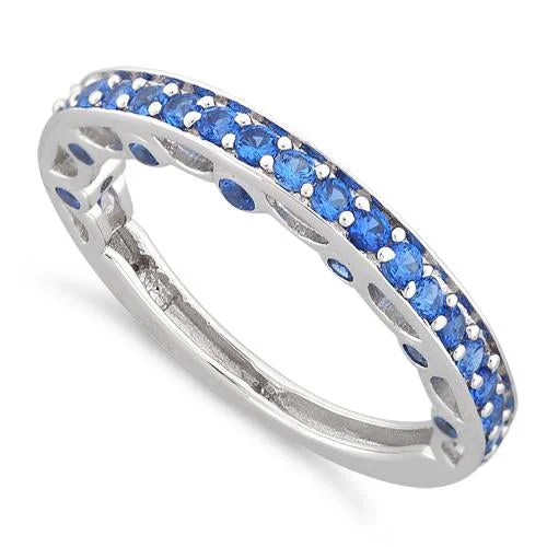 Ladies fashion ring-Sterling Silver Half Eternity Blue Sapphire CZ Ring