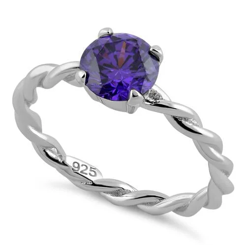 Ladies sterling silver ring-Sterling Silver Amethyst Twisted Band CZ Ring