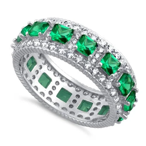 Ladies silver gemstone ring-Sterling Silver Eternity Princess Cut Emerald CZ Ring