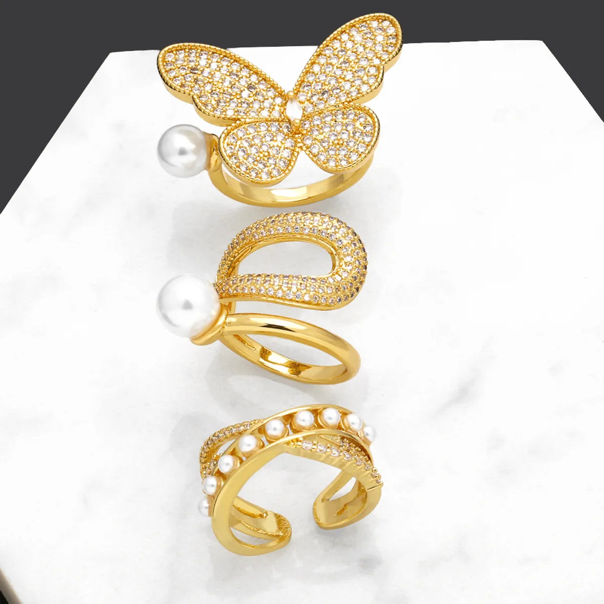 Ladies luxury engagement ring-Simple Style Streetwear Snake Butterfly Copper Plating Inlay Zircon 18k Gold Plated Open Rings