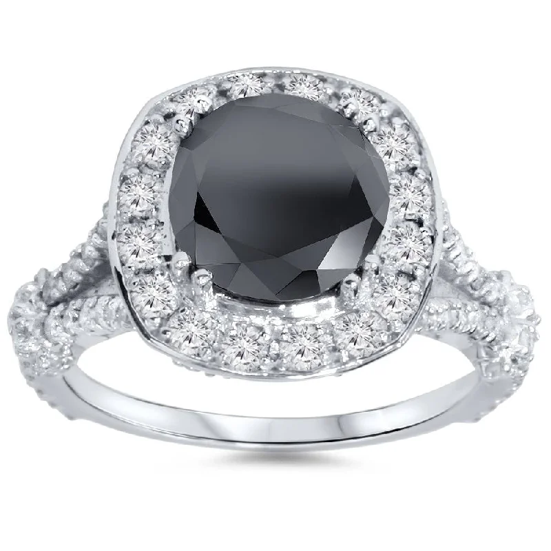 Ladies sapphire engagement ring-4ct Black Treated Diamond Cushion Vintage Engagement Ring White Gold