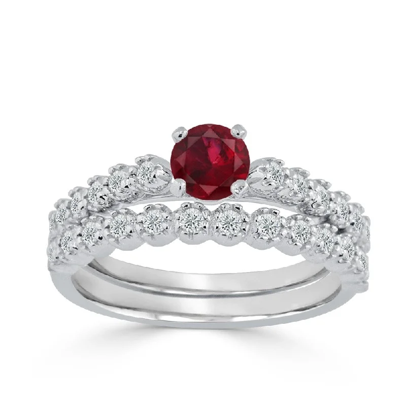 Ladies modern engagement ring-Auriya Round 3/8ct Red Ruby and 1/8 TDW Diamond Engagement Ring Set 14k Gold