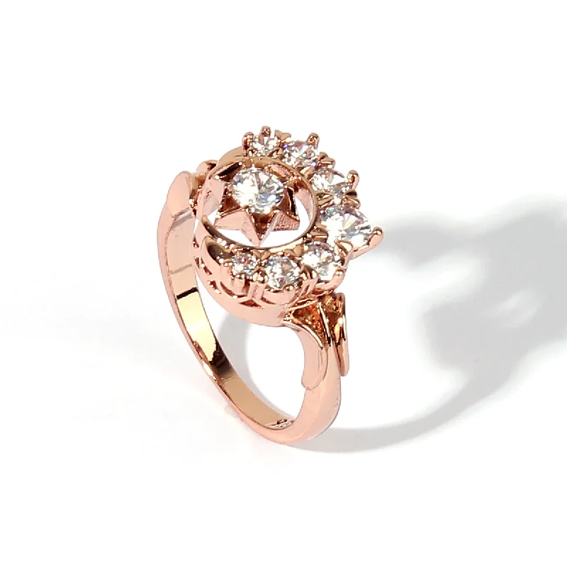 Ladies emerald-cut ring-Wholesale Casual Elegant Star Moon Copper Rose Gold Plated Zircon Rings