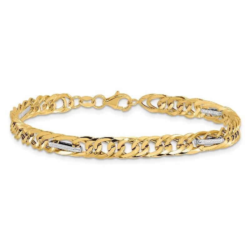 Ladies adjustable bracelet-Curata 14k Yellow Gold Rhodium 7.5" 5.1mm Polished Textured Mixed Links Bracelet