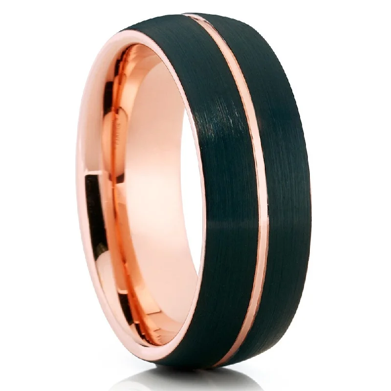 Ladies platinum engagement ring with diamonds-Black Tungsten Wedding Ring 8Mm Rose Gold Engagement Ring Comfort Fit