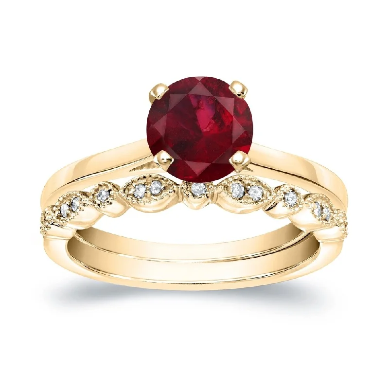 Ladies unique wedding engagement ring-Auriya Vintage Stackable 7/8ct Red Ruby Solitaire and 1/6ctw Diamond Engagement Ring Set 14k Gold