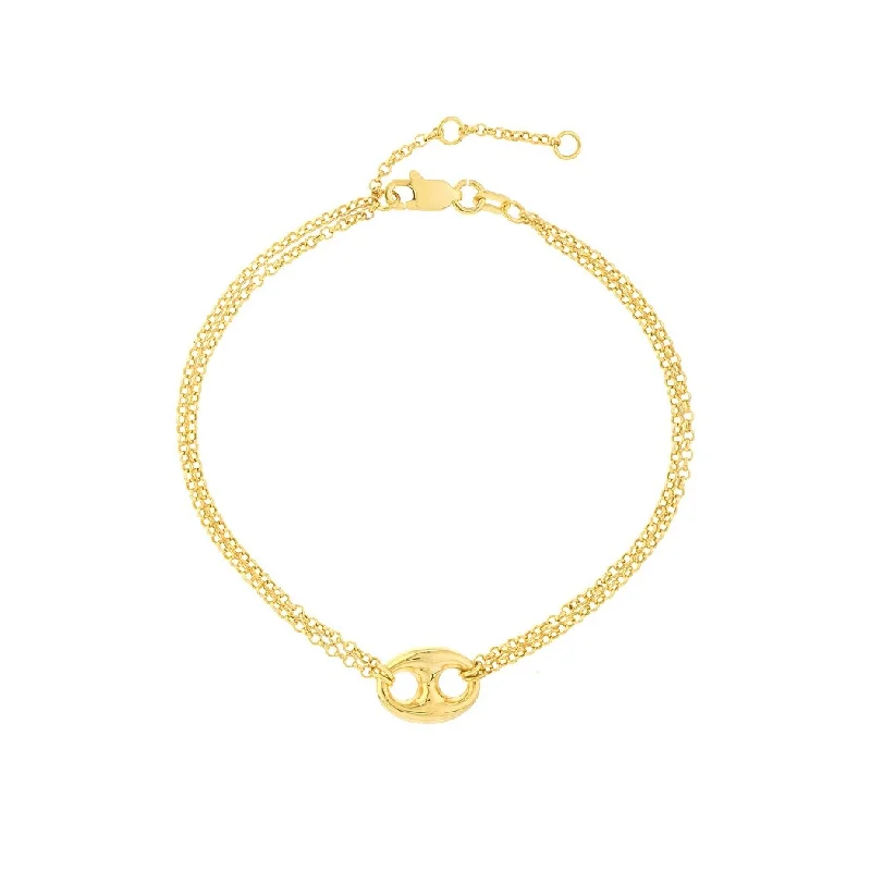 Ladies lucky charm bracelet-Curata 14k Yellow Gold 7.5" Puff Mariner Element With Double Chain Bracelet