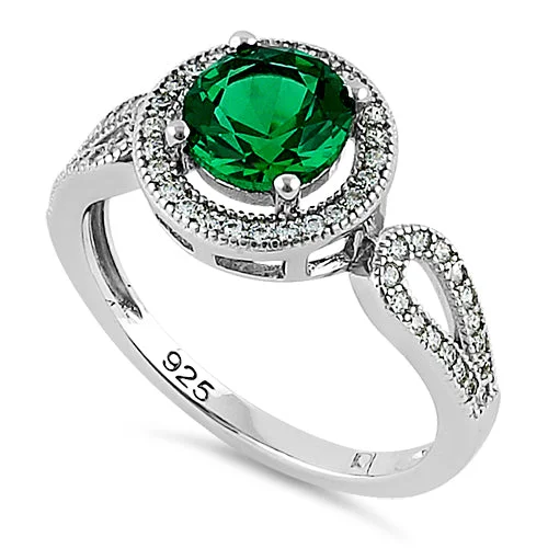 Ladies wedding ring set with diamonds-Sterling Silver Emerald CZ Halo Infinity Band Ring