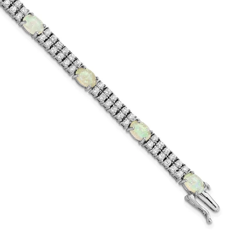 Ladies handmade bangle-925 Sterling Silver Cheryl M Rhodium-plated Fancy Created Opal And Cubic Zirconia Bracelet, 7.5" (W-4.9mm)