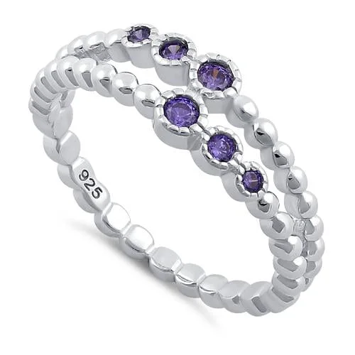 Ladies sapphire engagement ring-Sterling Silver Double Beaded Amethyst CZ Ring