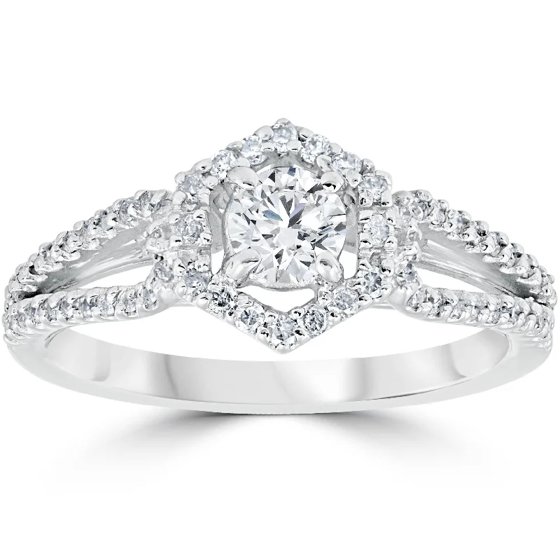 Ladies three-stone diamond engagement ring-5/8CT Diamond Vintage Halo Engagement Ring White Gold