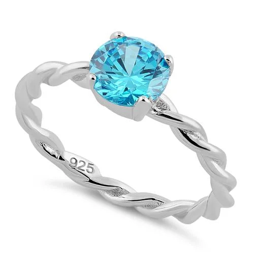 Ladies multi-stone ring-Sterling Silver Aqua Twisted Band CZ Ring