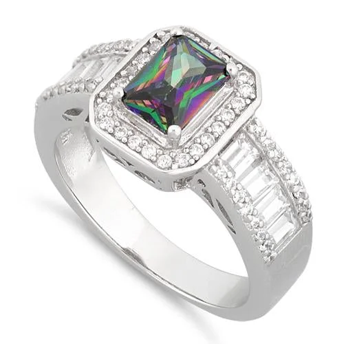 Ladies carved ring-Sterling Silver Emerald Cut Rainbow Topaz Clear CZ Ring