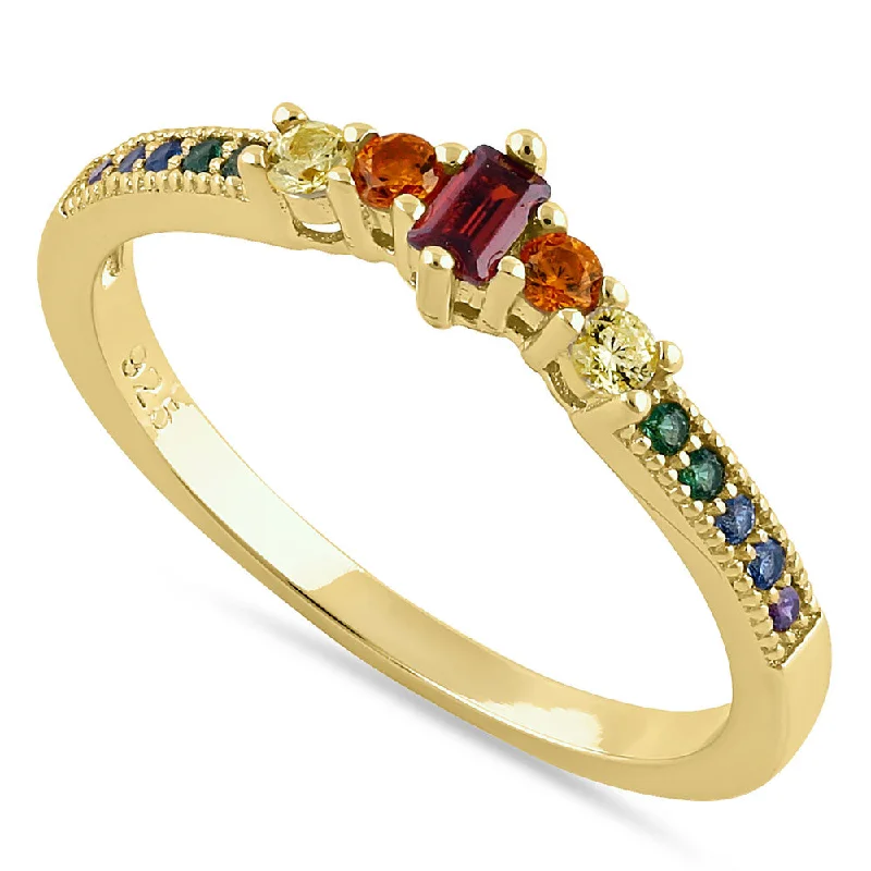 Ladies vintage-inspired ring-Sterling Silver Yellow Gold Emerald Cut Colorful CZ Ring