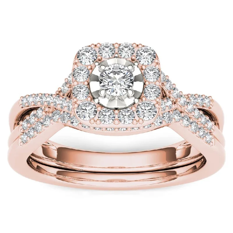 Ladies engagement ring with alternating stones-De Couer 10k Rose Gold 2/5ct TDW Diamond Halo Engagement Ring Set with One Band - Pink