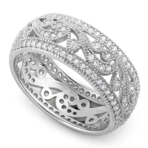 Ladies sterling silver eternity ring-Sterling Silver Filigree CZ Ring