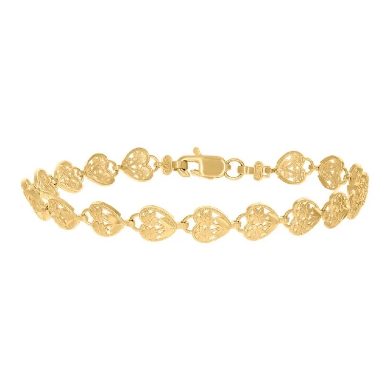 Ladies pearl and diamond bracelet-Curata 10k Yellow Gold 8" 7.4mm Filigree Heart Link Bracelet for Women