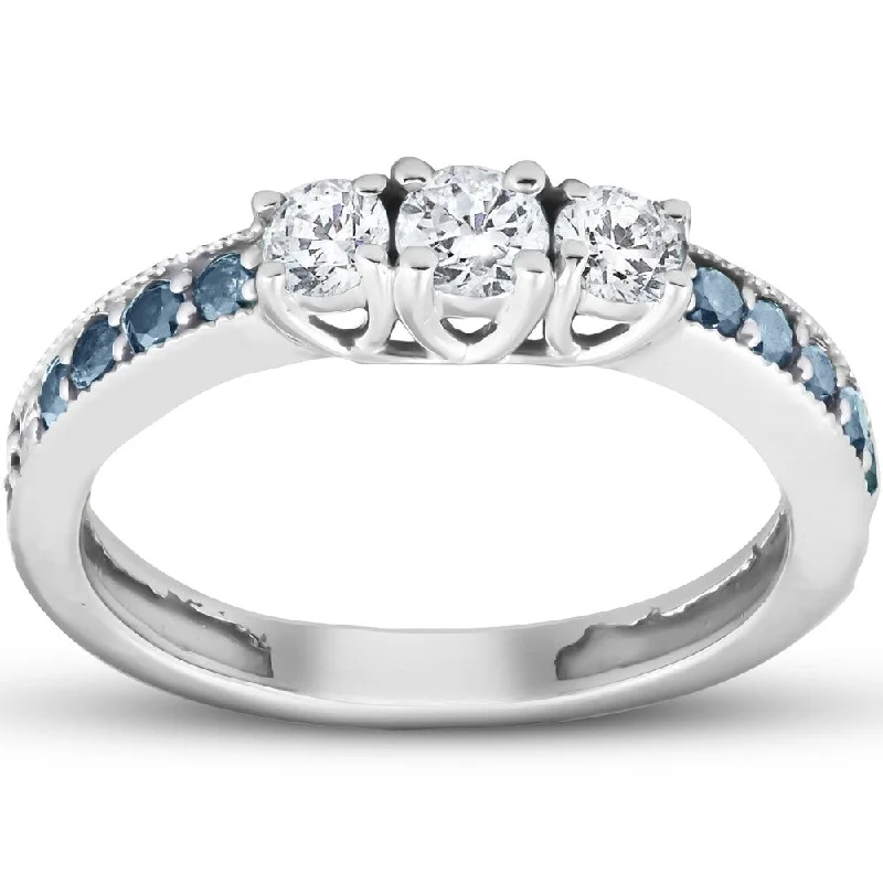 Ladies diamond engagement ring with halo-Pompeii3 14k White Gold Blue & White Diamond Three Stone Engagement Anniversary Ring