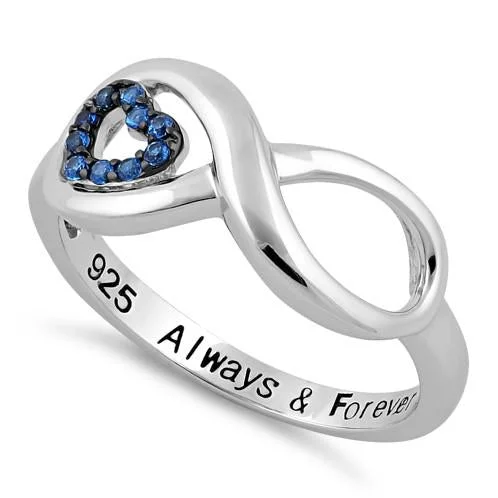 Ladies eternity ring-Sterling Silver Infinity Blue Spinel Heart "Always & Forever" Engraved CZ Ring