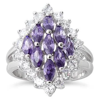 Ladies stackable silver rings-Sterling Silver Elegant Amethyst Marquise Cut CZ Ring