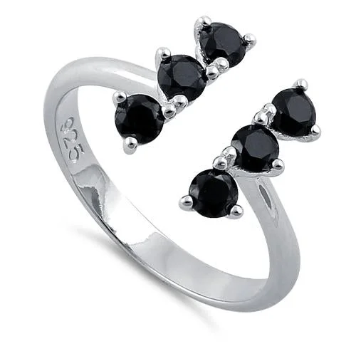 Ladies gold engagement ring-Sterling Silver Black Six Round Stones Adjustable CZ Ring