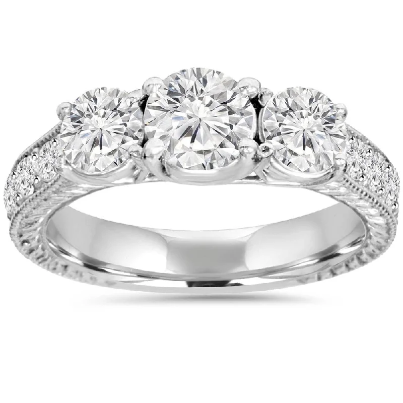 Ladies simple engagement ring-1 3/4ct Diamond Vintage 3-Stone Engagement Ring White Gold Antique