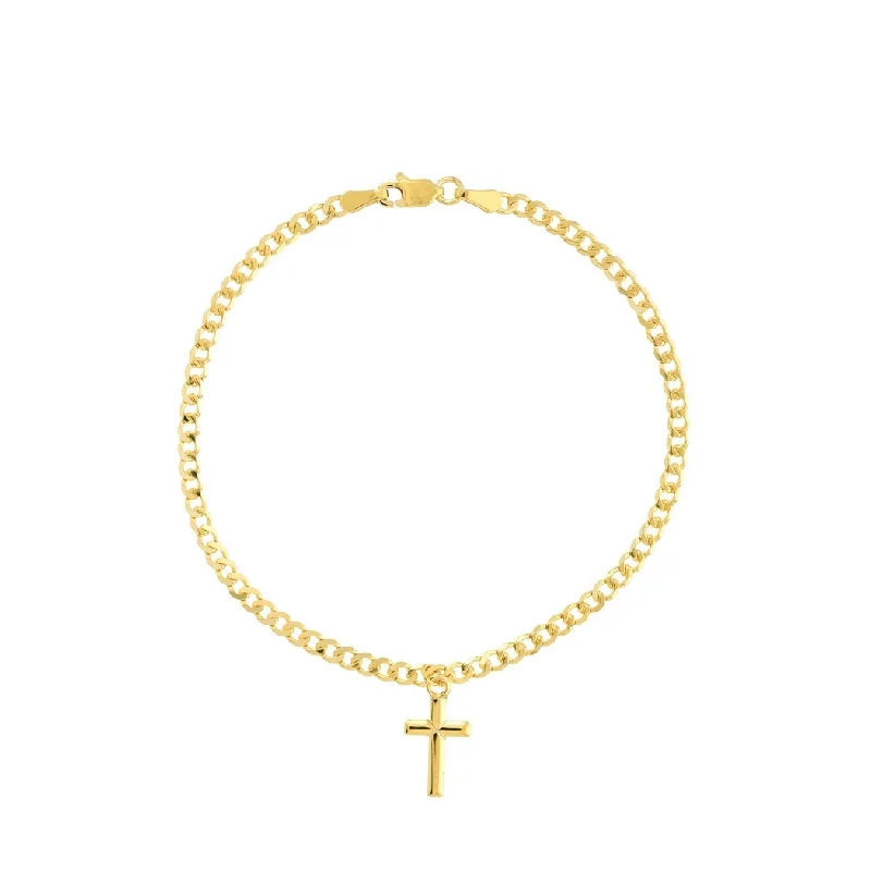 Ladies classic bangle-Curata 14k Yellow Gold 7.25" Dangling Cross 2.7mm Curb Chain Bracelet