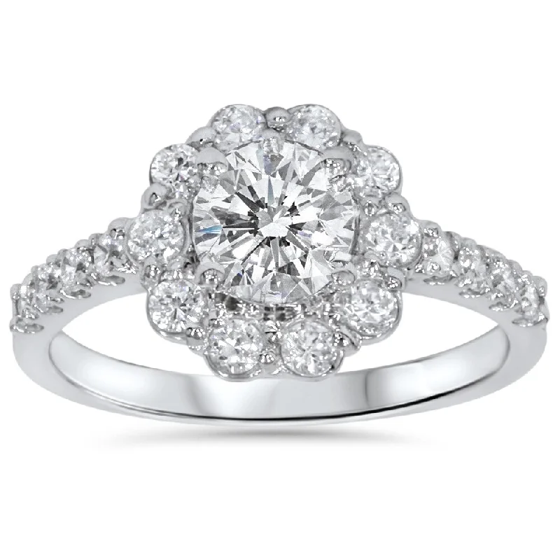 Ladies wedding and engagement ring set-14k White Gold 2 ct TDW Diamond Floral Halo Engagement Ring